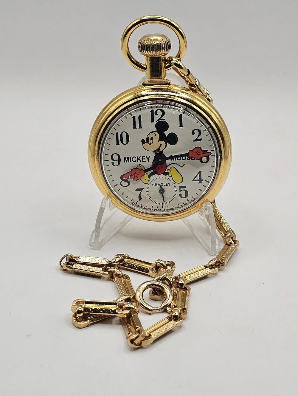 Vintage Bradley Mickey Mouse Gold Train Pocket Watch & Original Case Running